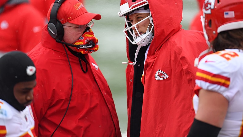 Oct 25, 2020; Denver, Colorado, USA; Kansas City Chiefs head coach Andy Reid speaks to quarterback Patrick Mahomes (15) in the first half against the Denver Broncos at Empower Field at Mile High. Mandatory Credit: Ron Chenoy-USA TODAY Sports