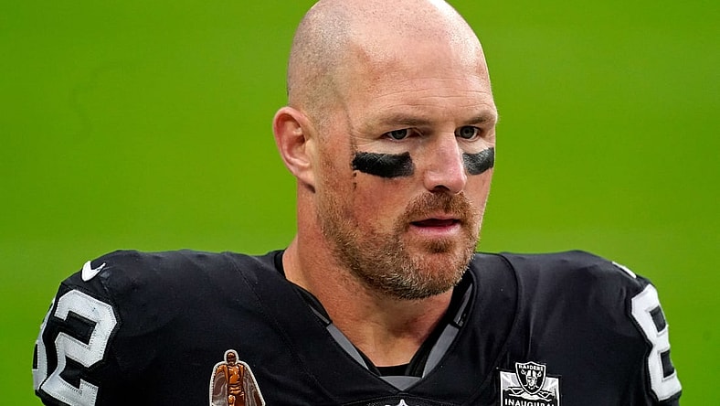 Nov 15, 2020; Paradise, Nevada, USA; Las Vegas Raiders tight end Jason Witten (82) during the first half against the Denver Broncos at Allegiant Stadium. Mandatory Credit: Kirby Lee-USA TODAY Sports