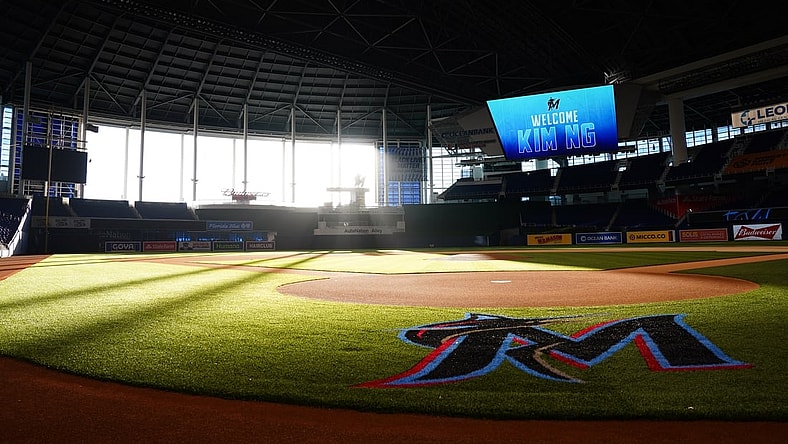 Nov 16, 2020; Miami, FL, USA;  The video board at Marlins Park welcomes Miami Marlins general manager Kim Ng.  Mandatory Credit: Joseph Guzy/Miami Marlins Handout Photo via USA TODAY Sports