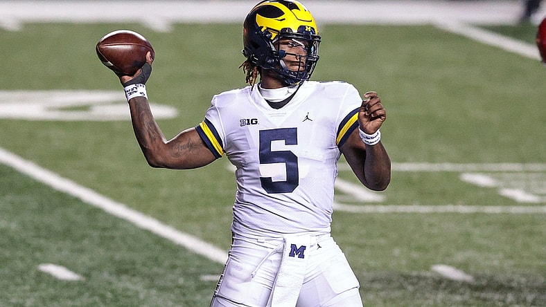 Nov 21, 2020; Piscataway, New Jersey, USA; Michigan Wolverines quarterback Joe Milton (5) throws the ball against the Rutgers Scarlet Knights during the first half at SHI Stadium. Mandatory Credit: Vincent Carchietta-USA TODAY Sports