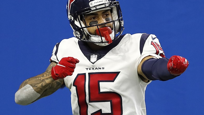 Nov 26, 2020; Detroit, Michigan, USA; Houston Texans wide receiver Will Fuller (15) celebrates after scoring a touchdown during the fourth quarter against the Detroit Lions at Ford Field. Mandatory Credit: Raj Mehta-USA TODAY Sports