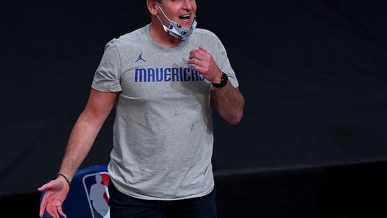 Dec 25, 2020; Los Angeles, California, USA;   Dallas Mavericks owner Mark Cuban looks on from the bench area during the game against the Los Angeles Lakers at Staples Center. Mandatory Credit: Jayne Kamin-Oncea-USA TODAY Sports
