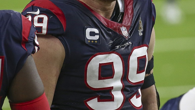 Jan 3, 2021; Houston, Texas, USA; Houston Texans defensive end J.J. Watt (99) looks up during the fourth quarter against the Tennessee Titans at NRG Stadium. Mandatory Credit: Troy Taormina-USA TODAY Sports