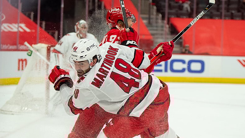 Jan 16, 2021; Detroit, Michigan, USA; Carolina Hurricanes left wing Jordan Martinook against the Detroit Red Wings at Little Caesars Arena. Mandatory Credit: Eric Bronson-USA TODAY Sports