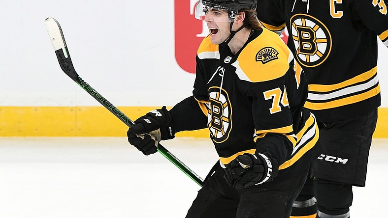 Jan 21, 2021; Boston, Massachusetts, USA; Boston Bruins left wing Jake DeBrusk (74) reacts after the Bruins defeated the Philadelphia Flyers in a shootout at the TD Garden. Mandatory Credit: Brian Fluharty-USA TODAY Sports