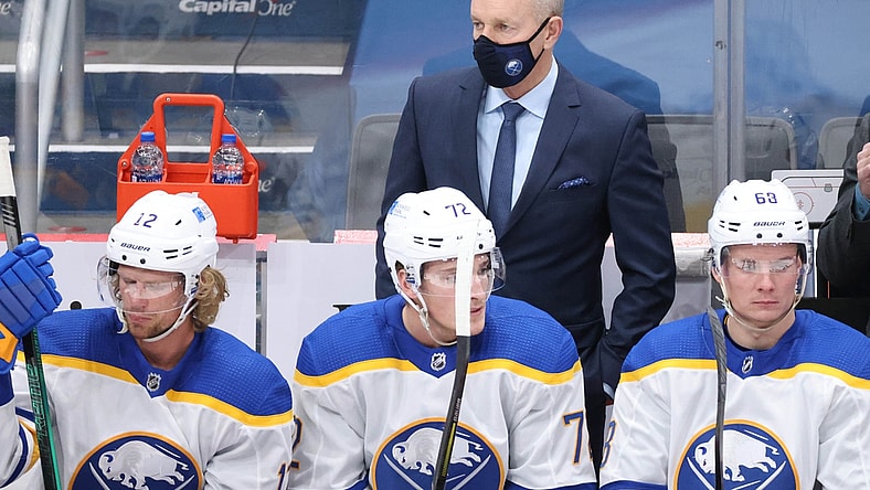 Jan 22, 2021; Washington, District of Columbia, USA; Buffalo Sabres head coach Ralph Krueger (M) looks on against the Washington Capitals in the first period at Capital One Arena. Mandatory Credit: Geoff Burke-USA TODAY Sports