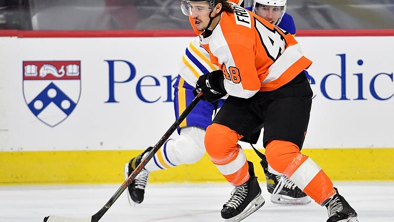 Jan 18, 2021; Philadelphia, Pennsylvania, USA; Philadelphia Flyers center Morgan Frost (48) during the first period against the Buffalo Sabres at Wells Fargo Center. Mandatory Credit: Eric Hartline-USA TODAY Sports