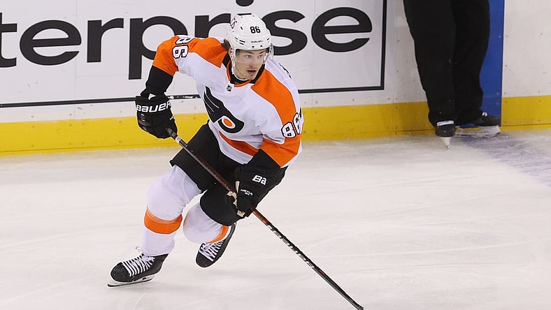 Jan 26, 2021; Newark, New Jersey, USA; Philadelphia Flyers left wing Joel Farabee (86) skates with the puck during the second period of their game against the New Jersey Devils at Prudential Center. Mandatory Credit: Ed Mulholland-USA TODAY Sports
