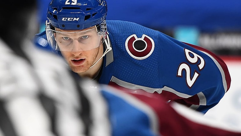 Jan 26, 2021; Denver, Colorado, USA; Colorado Avalanche center Nathan MacKinnon (29) during the third period against the San Jose Sharks at Ball Arena. Mandatory Credit: Ron Chenoy-USA TODAY Sports