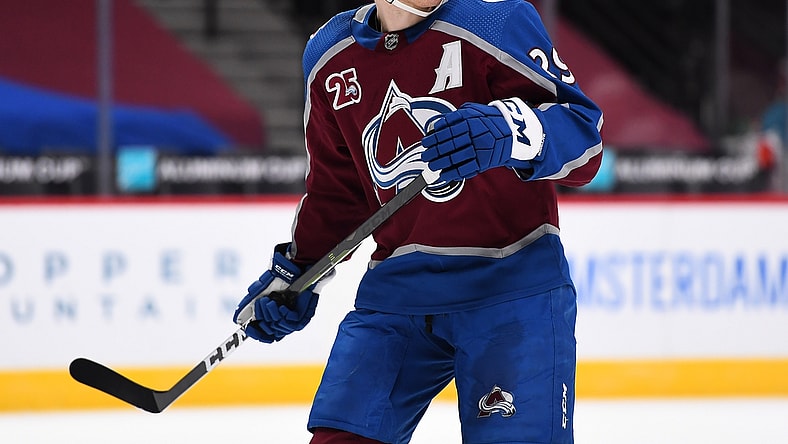 Jan 28, 2021; Denver, Colorado, USA; Colorado Avalanche center Nathan MacKinnon (29) reacts during the third period against the San Jose Sharks at Ball Arena. Mandatory Credit: Ron Chenoy-USA TODAY Sports