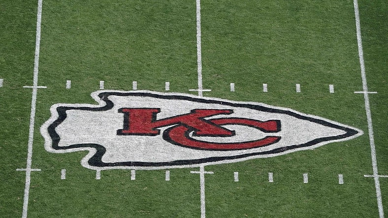 Oct 11, 2020; Kansas City, Missouri, USA; A general view of the Kansas City Chiefs  logo at midfield during the game against the Las Vegas Raiders at Arrowhead Stadium Mandatory Credit: Kirby Lee-USA TODAY Sports