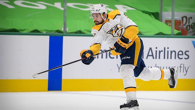 Jan 24, 2021; Dallas, Texas, USA; Nashville Predators left wing Filip Forsberg (9) in action during the game between the Dallas Stars and the Nashville Predators at the American Airlines Center. Mandatory Credit: Jerome Miron-USA TODAY Sports