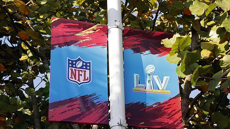Jan 31, 2021; Tampa, Florida, USA; A general view of signage for Super Bowl  LV at downtown Tampa Mandatory Credit: Kim Klement-USA TODAY Sports