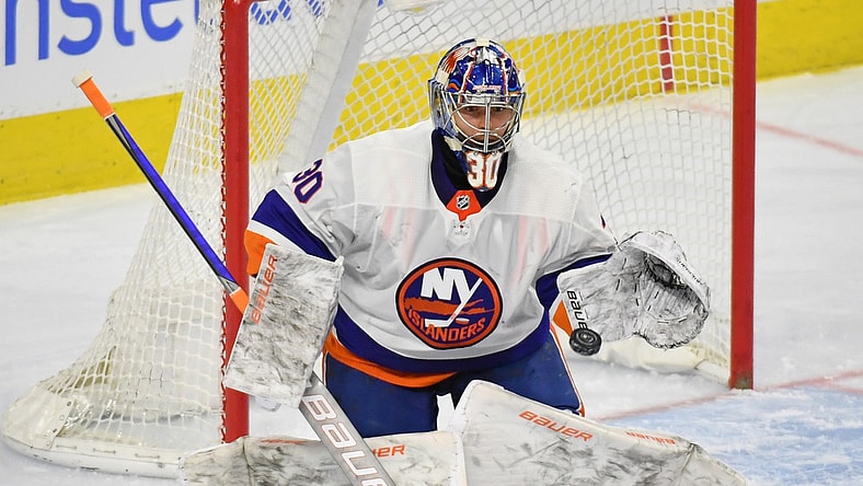 Jan 31, 2021; Philadelphia, Pennsylvania, USA; New York Islanders goaltender Ilya Sorokin (30) makes a save against the Philadelphia Flyers during the third period at Wells Fargo Center. Mandatory Credit: Eric Hartline-USA TODAY Sports