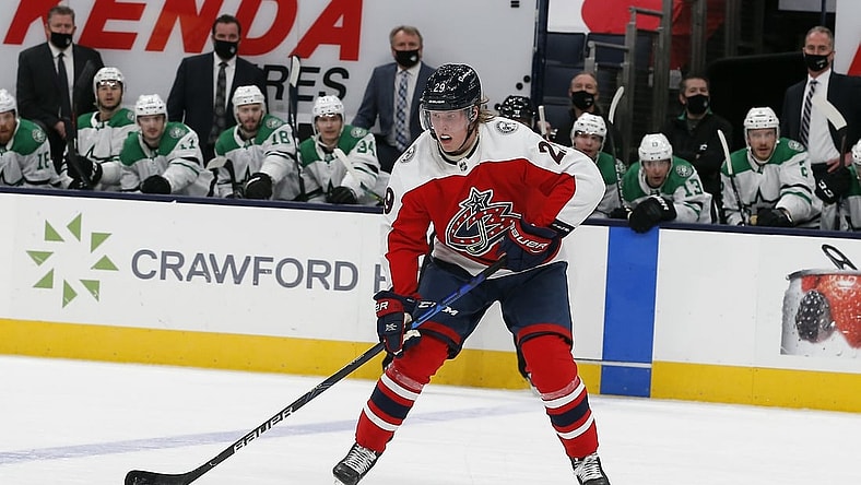 Feb 2, 2021; Columbus, Ohio, USA; Columbus Blue Jackets right wing Patrik Laine (29) looks to pass against the Dallas Stars during the third period at Nationwide Arena. Mandatory Credit: Russell LaBounty-USA TODAY Sports