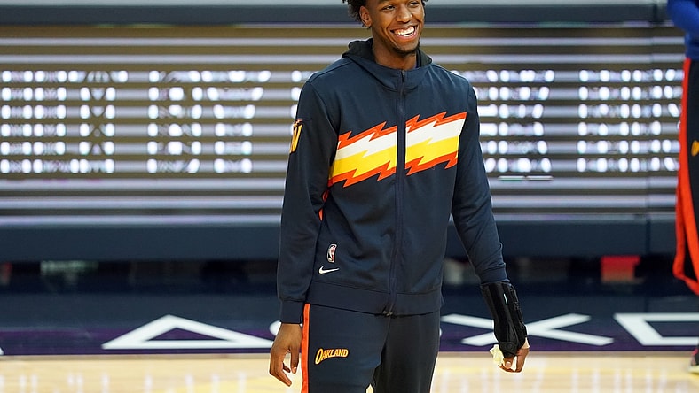 Feb 2, 2021; San Francisco, California, USA; Golden State Warriors center James Wiseman (33) walks on the court before the game against the Boston Celtics at Chase Center. Mandatory Credit: Darren Yamashita-USA TODAY Sports