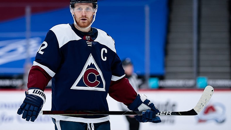 Feb 2, 2021; Denver, Colorado, USA; Colorado Avalanche left wing Gabriel Landeskog (92) in the third period against the Minnesota Wild at Ball Arena. Mandatory Credit: Isaiah J. Downing-USA TODAY Sports