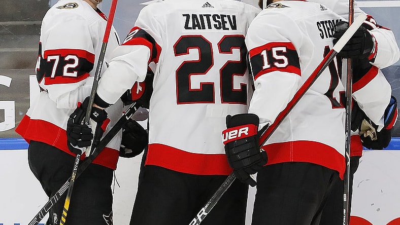 Feb 2, 2021; Edmonton, Alberta, CAN; Ottawa Senators players celebrate a second period goal by forward Cedric Paquette (23) against the Edmonton Oilers at Rogers Place. Mandatory Credit: Perry Nelson-USA TODAY Sports