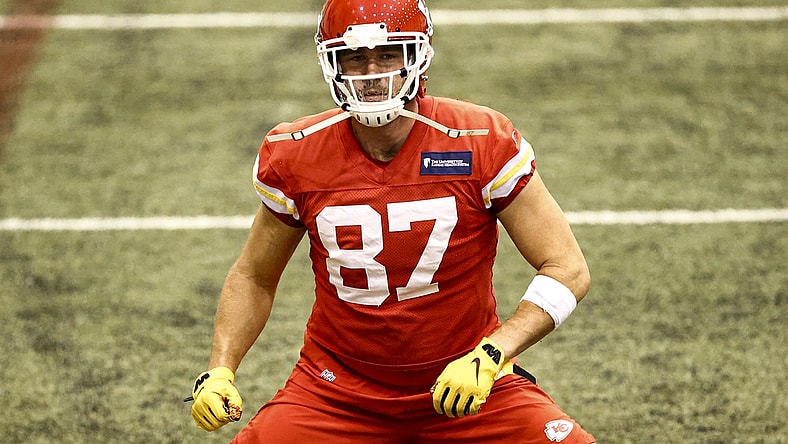 Feb 4, 2021; Kansas City, MO, USA; Kansas City Chiefs tight end Travis Kelce during practice as they prepare for Super Bowl LV against the Tampa Bay Buccaneers. Mandatory Credit: Steve Sanders/Handout Photo via USA TODAY Sports