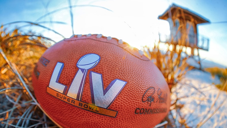 Feb 4, 2021; Tampa Bay, Florida, USA; A general view of the Super Bowl LV official football on the beach at Anna Maria Island.  Mandatory Credit: Kim Klement-USA TODAY Sports
