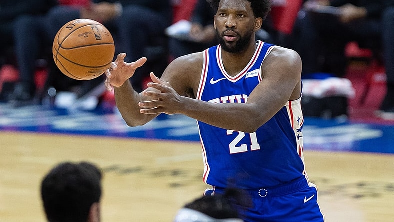 Feb 4, 2021; Philadelphia, Pennsylvania, USA; Philadelphia 76ers center Joel Embiid (21) catches a pass against the Portland Trail Blazers during the third quarter at Wells Fargo Center. Mandatory Credit: Bill Streicher-USA TODAY Sports