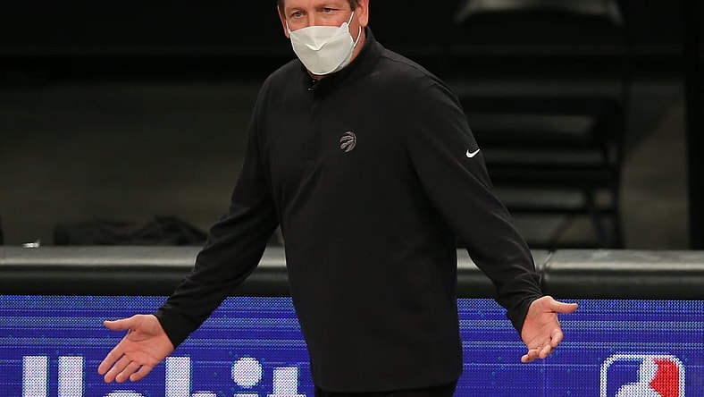 Feb 5, 2021; Brooklyn, New York, USA; Toronto Raptors head coach Nick Nurse reacts as he coaches against the Brooklyn Nets during the first quarter at Barclays Center. Mandatory Credit: Brad Penner-USA TODAY Sports
