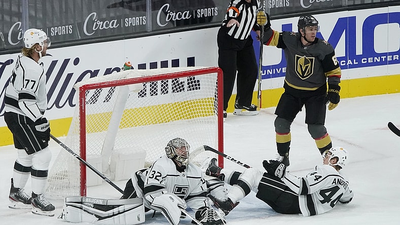 Feb 5, 2021; Las Vegas, Nevada, USA; Vegas Golden Knights center Jonathan Marchessault (81) celebrates after scoring against Los Angeles Kings goaltender Jonathan Quick (32) during the first period of an NHL hockey game Friday, Feb. 5, 2021, in Las Vegas at T-Mobile Arena. Mandatory Credit: John Locher/Pool Photo-USA TODAY Sports