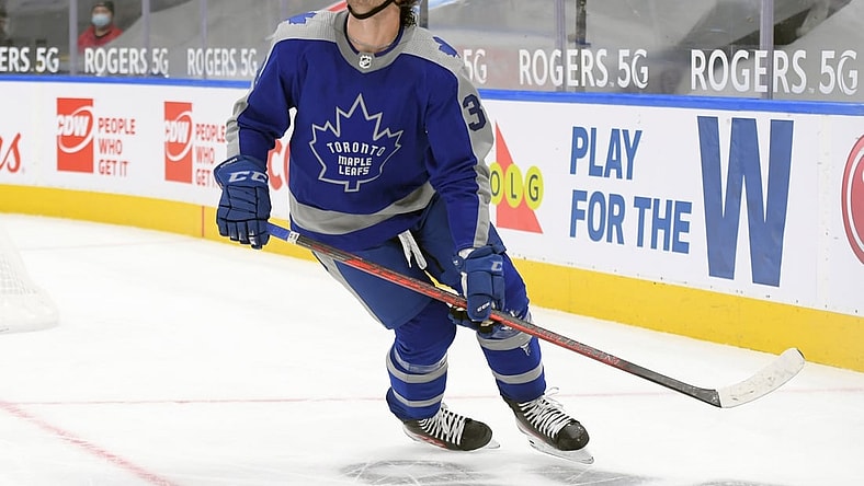 Feb 6, 2021; Toronto, Ontario, CAN;  Toronto Maple Leafs forward Auston Matthews (34) looks for the puck in the third period against the Vancouver Canucks at Scotiabank Arena. Mandatory Credit: Dan Hamilton-USA TODAY Sports