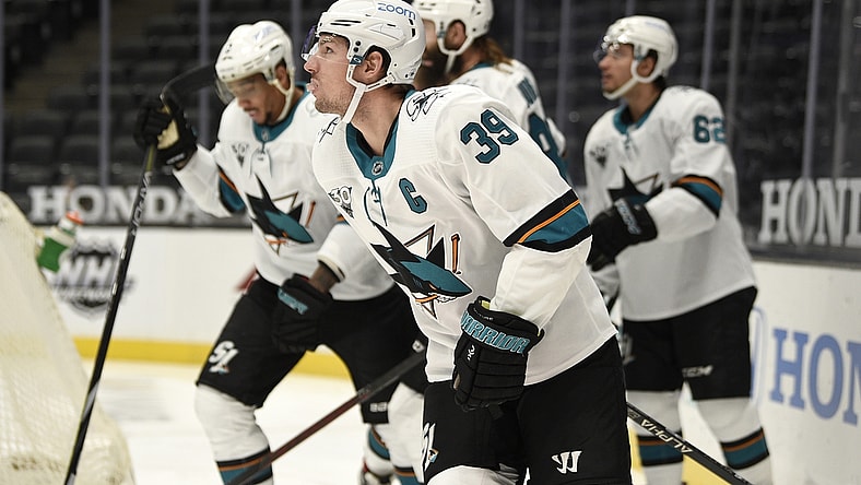 Feb 6, 2021; Anaheim, California, USA; San Jose Sharks center Logan Couture (39) skates back to the bench after scoring a goal during the first period against the Anaheim Ducks at Honda Center. Mandatory Credit: Kelvin Kuo-USA TODAY Sports