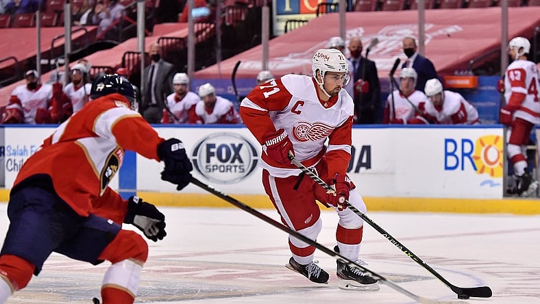 Feb 7, 2021; Sunrise, Florida, USA; Detroit Red Wings center Dylan Larkin (71) skates with the puck against the Florida Panthers during the first period at BB&T Center. Mandatory Credit: Jasen Vinlove-USA TODAY Sports