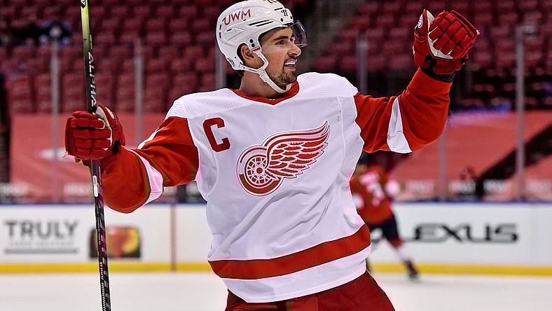 Feb 7, 2021; Sunrise, Florida, USA; Detroit Red Wings center Dylan Larkin (71) celebrates the goal scored by center Vladislav Namestnikov (92, not pictured) during the third period against the Florida Panthers at BB&T Center. Mandatory Credit: Jasen Vinlove-USA TODAY Sports