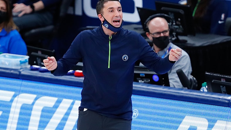 Feb 5, 2021; Oklahoma City, Oklahoma, USA; Minnesota Timberwolves head coach Ryan Saunders yells to his team on a play against the Oklahoma City Thunder in the first quarter at Chesapeake Energy Arena. Mandatory Credit: Alonzo Adams-USA TODAY Sports