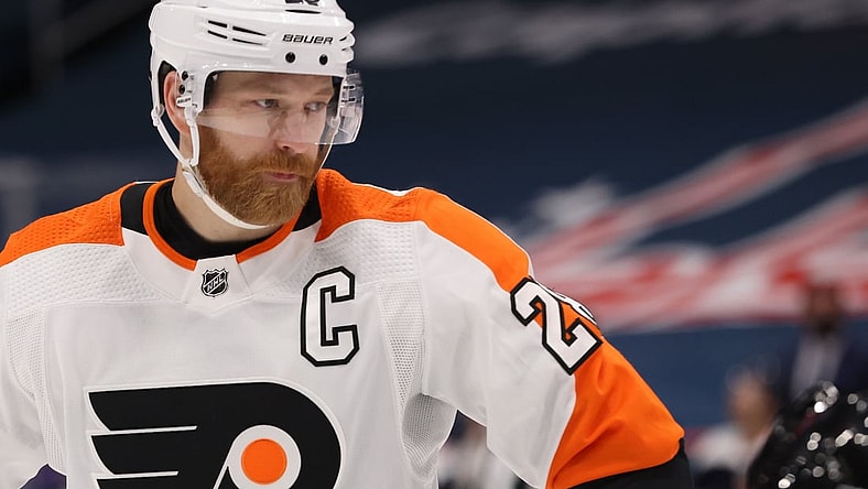 Feb 7, 2021; Washington, District of Columbia, USA; Philadelphia Flyers center Claude Giroux (28) stands on the ice against the Washington Capitals at Capital One Arena. Mandatory Credit: Geoff Burke-USA TODAY Sports