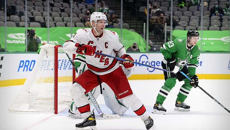Feb 11, 2021; Dallas, Texas, USA; Carolina Hurricanes center Jordan Staal (11) skates against the Dallas Stars during the third period at the American Airlines Center. Mandatory Credit: Jerome Miron-USA TODAY Sports