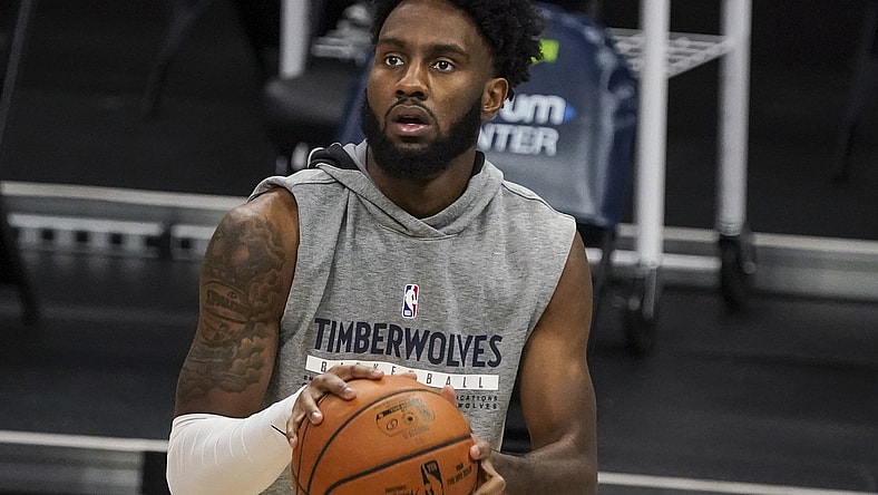Feb 12, 2021; Charlotte, North Carolina, USA; Minnesota Timberwolves guard Malik Beasley (5) warms up before a game against the Charlotte Hornets at Spectrum Center. Mandatory Credit: Jim Dedmon-USA TODAY Sports
