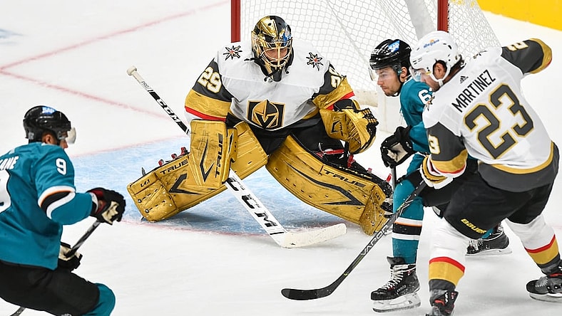 Feb 13, 2021; San Jose, California, USA; Vegas Golden Knights goaltender Marc-Andre Fleury (29) defends his net against the San Jose Sharks in the first period at SAP Center at San Jose. Mandatory Credit: Chris Brown-USA TODAY Sports