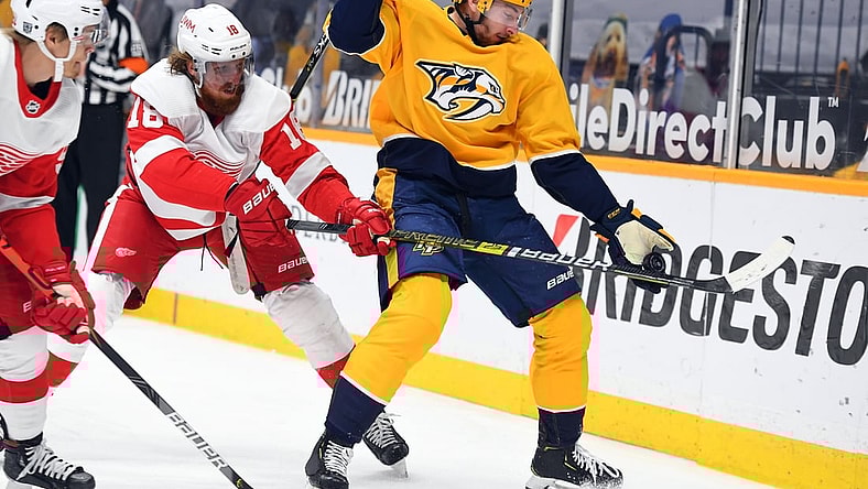 Feb 13, 2021; Nashville, Tennessee, USA; Nashville Predators center Yakov Trenin (13) plays the puck out of the air against Detroit Red Wings defenseman Marc Staal (18) during the first period at Bridgestone Arena. Mandatory Credit: Christopher Hanewinckel-USA TODAY Sports