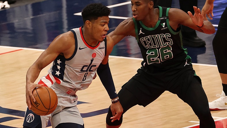 Feb 14, 2021; Washington, District of Columbia, USA; Washington Wizards forward Rui Hachimura (8) drives to the basket as Boston Celtics forward Aaron Nesmith (26) defends in the first quarter at Capital One Arena. Mandatory Credit: Geoff Burke-USA TODAY Sports