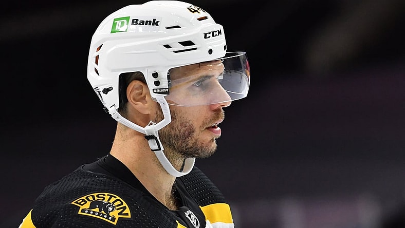 Feb 3, 2021; Philadelphia, Pennsylvania, USA; Boston Bruins center David Krejci (46) against the Philadelphia Flyers at Wells Fargo Center. Mandatory Credit: Eric Hartline-USA TODAY Sports