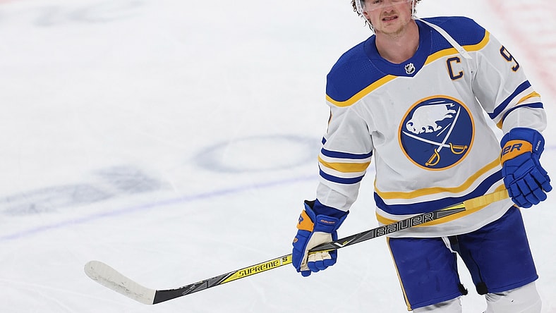 Feb 18, 2021; Washington, District of Columbia, USA; Buffalo Sabres center Jack Eichel (9) skates during warmups prior to the Sabres' game against the Washington Capitals at Capital One Arena. Mandatory Credit: Geoff Burke-USA TODAY Sports