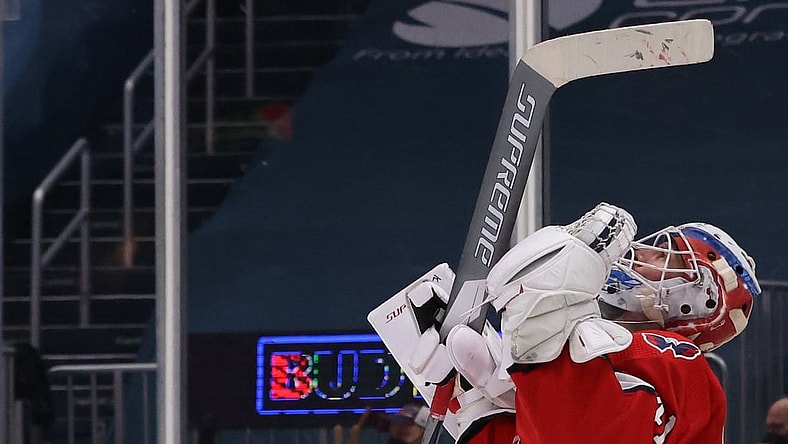 Feb 18, 2021; Washington, District of Columbia, USA; Washington Capitals goaltender Vitek Vanecek (41) celebrates after the Capitals' game against the Buffalo Sabres at Capital One Arena. Mandatory Credit: Geoff Burke-USA TODAY Sports