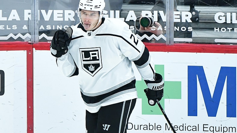 Feb 18, 2021; Glendale, Arizona, USA; Los Angeles Kings right wing Dustin Brown (23) celebrates after scoring a goal against the Arizona Coyotes in the first period at Gila River Arena. Mandatory Credit: Matt Kartozian-USA TODAY Sports