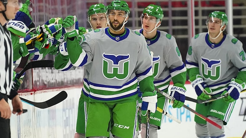 Feb 19, 2021; Raleigh, North Carolina, USA;  Carolina Hurricanes center Vincent Trocheck (16) celebrates his second period goal against the Chicago Blackhawks at PNC Arena. Mandatory Credit: James Guillory-USA TODAY Sports
