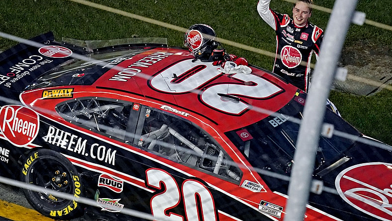 Feb 21, 2021; Daytona Beach, Florida, USA; NASCAR Cup Series driver Christopher Bell (20) celebrates winning the O'Reilly Auto Parts 253 at Daytona International Speedway. Mandatory Credit: Jasen Vinlove-USA TODAY Sports
