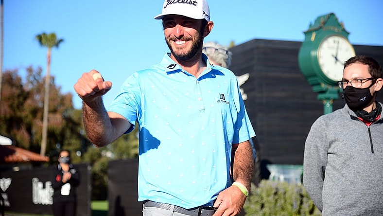 Feb 21, 2021; Pacific Palisades, California, USA; Max Homa reacts following his playoff victory against Tony Finau in the final round of The Genesis Invitational golf tournament at Riviera Country Club. Mandatory Credit: Gary A. Vasquez-USA TODAY Sports