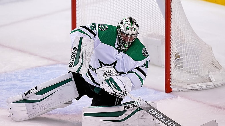 Feb 22, 2021; Sunrise, Florida, USA; Dallas Stars goaltender Anton Khudobin (35) makes a save against the Florida Panthers during the the second period at BB&T Center. Mandatory Credit: Jasen Vinlove-USA TODAY Sports