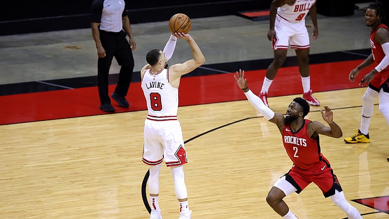 Feb 22, 2021; Houston, Texas, USA; Zach LaVine #8 of the Chicago Bulls shoots a basket ahead of David Nwaba #2 of the Houston Rockets during the second quarter at Toyota Center. Mandatory Credit: Carmen Mandato/Pool Photo-USA TODAY Sports