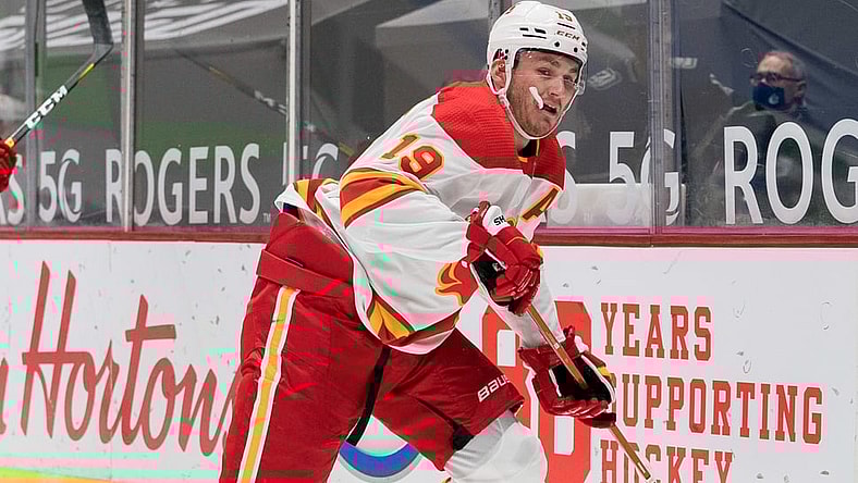 Feb 15, 2021; Vancouver, British Columbia, CAN; Calgary Flames forward Matthew Tkachuk (19) skates against the Vancouver Canucks  in the third period period at Rogers Arena. Flames won 4-3 in Overtime. Mandatory Credit: Bob Frid-USA TODAY Sports