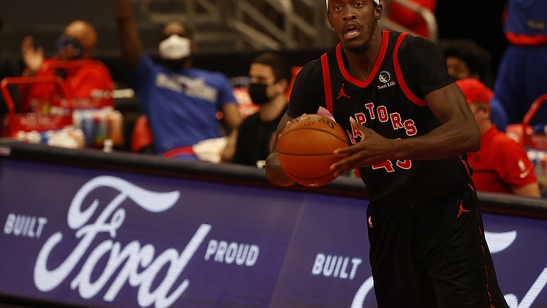 Feb 23, 2021; Tampa, Florida, USA; Toronto Raptors forward Pascal Siakam (43) moves the ball down the court against the Philadelphia 76ers during the first half at Amalie Arena. Mandatory Credit: Kim Klement-USA TODAY Sports