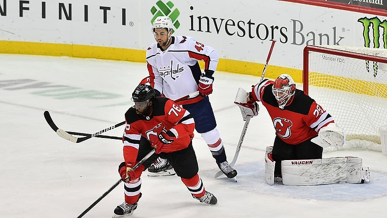 Feb 27, 2021; Newark, New Jersey, USA; New Jersey Devils defenseman P.K. Subban (76) skates with the puck against the Washington Capitals during the first period at Prudential Center. Mandatory Credit: Catalina Fragoso-USA TODAY Sports